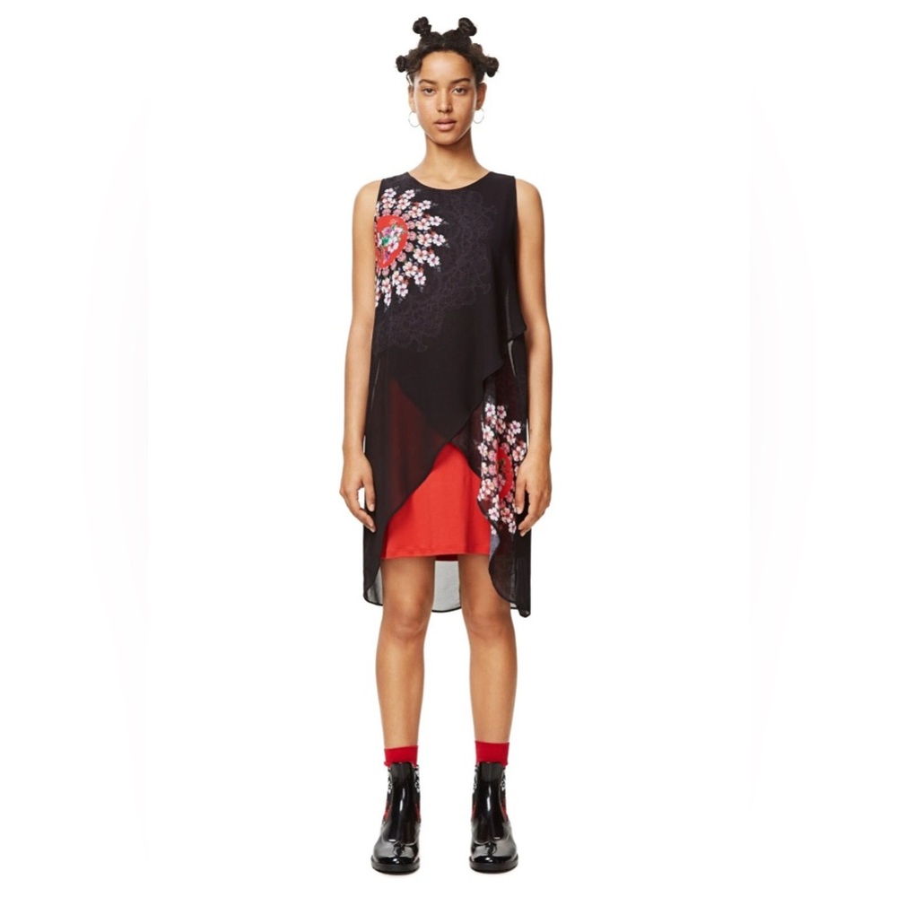 DESIGUAL Nadia Asymmetrical Black Red Sheer Overlay Floral Sleeveless Size 36
